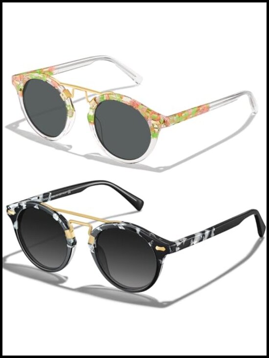 Vintage Retro Round Acetate Sunglasses with Metal Brow Polarized UV Protection